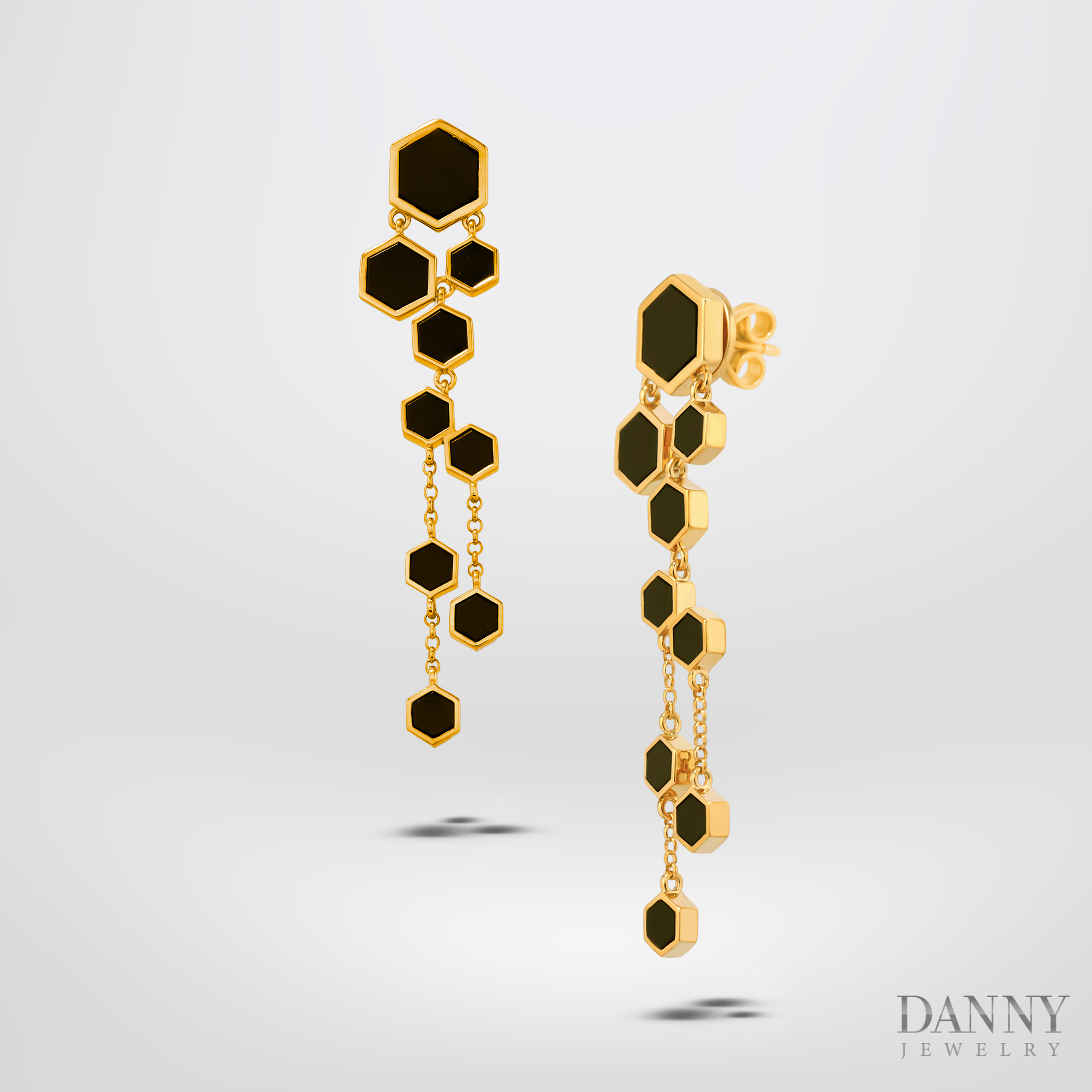 Bông Tai Nữ Danny Jewelry Bạc 925 Hình Lục Giác Đính Đá Onyx Xi Vàng  - BT0040